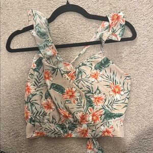 Express Tropical Floral Crop Top in Cream and Green with Coral Accents